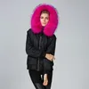 Lussuosa pelliccia di procione rosa con cappuccio e cappuccio da donna parka da neve Meifeng marca giacca in nylon bomber nero foderato in pelliccia di coniglio