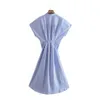 Za kvinnor ärmlös blå rand tröja klänningar o nacke ruffles kvinnlig semester sexig midja längd klänning med bälte Xitimeao 210602