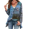 Women V Neck Boho Print Long Sleeve Shirt Loose Button Down Tops Men's Casual Shirts