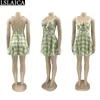 Сексуальное платье Ruffled Deep V-образные шеи худые спитные зеленые клетчатые ремешки женские клуб продаж без рукавов Vestidos Cortos 210515