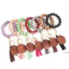 11 kleuren houten armband sleutelhanger met kwasten toetsen DIY houtvezel pandent woodhouten bead armband sleutel decoratie rre10829