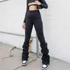 Ułożone Wysokiej Talii Y2K Spodnie dresowe Damskie Flare Spodnie Pot Joggers Spadek Harajuku Czarne Długie Skinny Spodnie Ruched Capris 210510