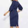 Nya Kvinnor Vår Klänning Kontor Lady Mod-Kalv Penna Klänning Med Sashes Lantern Sleeve Slim Bodycon Business Party Dress Vestidos Y1006