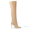 Kvinnor Knä High Boots Pekade Toe Heel Ladies Shoes Party Stiletto Blue Concis Stretch Cloth för 211022