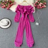 Kvinnor Jumpsuits Ruffle Off Shoulder Bodysuits Fashion Puff Långärmad Slank midja Rakbyxor Pläterade Eleganta Rompers 210519