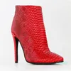 Stiefel Rote Schlangenleder-Korn-Knöchel für Frauen High Heels Spitzschuh Damen Sexy Reißverschluss Kurze Schuhe Große Größe