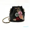 Schoudertassen Handgemaakte bloemen Emmer Mini met Ketting Drawstring Kleine Cross Body Pearl Leaves Decals