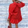 여성 가을 ​​봄 빈티지 미니 컵케잌은 드레스 V 넥 긴 랜턴 슬리브 뒤로 러버 한국어 스타일 우아한 빨간 드레스 210325