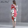 Moda Designer Dress Primavera Vestido Mulher Manga Longa Floral-Impressão Pacote Hip Vestidos de Férias 210524