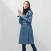 Printemps automne double boutonnage long trench revers veste femme vintage ceinture manteau manteau coupe-vent vêtements d'extérieur bleu parka 210430