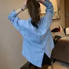 Spring Autumn Women Double Pocket Loose Striped Denim Shirt Back Single-breasted Casual Blouse Plus Size Blusas Mujer S298 210512
