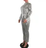 Kvinnor Sexiga Jumpsuits Glitter Paljett Metallic Rompers Långärmad Onesie Loose Byxor Party Clubwear med bälte Dragkedja S-3XL