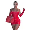 Sexy Faux PU Leather With Gloves Night Club Party Dress For Women Clothes Off Shoulder Backless Bodycon Mini Wrap Dresses Casual