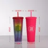 Tazza da caffè personalizzata all'ingrosso da 24 once Tazza da bicchiere fredda con borchie iridescenti bling arcobaleno con unicorno con logo in paglia