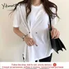 Yitimuceng Düzensiz T Shirt Kadın Düğme Up Tees Kısa Kollu Unicolor Beyaz Mavi Yaz Basit Stil Tişörtleri Tops 210601