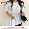 Yitimuceng Onregelmatige T-shirts Vrouw Button Up Tees Korte Mouw Unicolor Wit Blauw Tops Zomer Eenvoudige Stijl Tshirts 210601