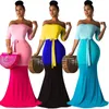 Womens Mermaid Long Maxi Dress - Off The Shoulder Triple Color Block Bodycon Dress