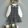 Trajes de otoño para niñas, vestido a cuadros para niñas, Tops de encaje de manga larga a la moda, chaleco, vestido, disfraz bonito para niños de 2 uds