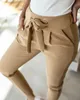 England Style Women Autumn Solid Color Pencil Pants Bandage Design Pocket Decor High Waist Slim Hips Trousers for Streetwear 210915