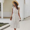 Sommer Langes Kleid Für Frauen Schlank Dot Print EINE Linie 2021 Elegante Maxi Kleider Weibliche Bogen Kragen Ärmellose Hohe Taille vestidos Casual