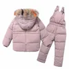 Winter 2 3 4 6 8 Jahre Pelz Kapuzenjacke + Overall Anzug 2 Stücke Ente Daunen Kinder Kleidung Set für Baby Kinder Mädchen Jungen 210529