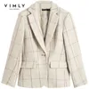 Vaimly Women Stripe Wool Coat Vintage Turn Down Collar Single Button Slim Tjock Office Lady Elegant Jacka Kvinna Blazer F3703 211006