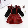 2 Pcs Girls Dress Set Solid Color Round Neck Long Sleeve Falbala Pullover Plaid Suspender Skirt Daily Life G1026