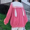 Houzhou Bunny Hoodies Kvinnor Kawaii Söt Toppar Kaninöron Japansk StreetWear Soft Girl Estetisk Sailor Collar School Uniform 210805