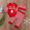 0-24M My 1st Christmas born Baby Boy Girl Red Clothes Set Cartoon Santa Letter Romper Striped Pants Hat Xmas outfits 210515