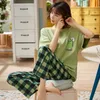 ATUENDO Summer Fashion Green Pajamas Sets for Women Atoff Home Satin Silk Lounge Sleepwear 100% Cotton PJS Kawaii Soft Homewear 210831