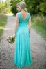 2021 Goedkope Turquoise Bruidsmeisjes Jurken Sheer Jewel Neck Lace Top Chiffon Long Country Bruidsmeisje Maid of Honour Wedding Guest Jurken