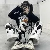 Houzhou Hippie Cow Print Drukuj Harajuku Krowa Wzorzyste Spodnie Koreański Styl Kombinezony Casual Baggy Szerokie spodnie nóg Spring 211006