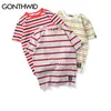 Gonthwid hajuku stripe t-tröjor män / kvinnor hip hop casual bomull kort ärm toppar sommar mode tshirts svart röd rosa y0322