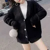 Women Black White Solid V Neck Diamond Button Knitted Loose Sweater Cardigans Mohair M0044 210514