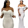 Sparkly White Sequined Mermaid Evening Dresses For Women Off the Shoulder Long Pom Dress African Black Girls Special Occasion Dress Formal Party Wear Reception