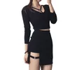 Kvinnor Sommar Bomull Sexig Mini Penna Skirt Lady High Waisted Hollow Out Asymmetric Solid Färg Metall Ring Deco Package Hip Kjol X0428