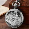 Pocket Horloges Gouden Mechanische Horloge Holle Steampunk Trein Gegraveerde Hand Windende Skelet FOB Ketting Ketting Hanger Klok