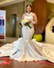 Arabic Aso Ebi 2021 Luxurious Mermaid Sexy Wedding Gowns Beaded Crystals Lace Sheer Neck Detachable Train Bridal Dresses ZJ464