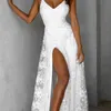 Sólido branco com decote em v decote em v espaguete spaghetti sexy backless chão-comprimento partido vestidos de verão mulheres 210615
