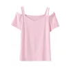 オフショルダーTシャツ女性服セクシーな夏トップス女性Tシャツティーシャツフェムミ半袖コットントップスピンク210604