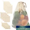 Paniers de rangement Sacs à légumes en maille de coton bio Produisent des fruits de cuisine réutilisables avec cordon de serrage