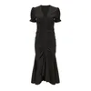 Women Puff Sleeve Short Knee Length Dress Chic Summer Split Black Solid V Neck Mermaid Trumpet D1920 210514