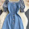 FABPOP Summer Short Puff Sleeve Square Collar Buttons High Waist Blue Denim Dress Women Streetwear GB413 210709