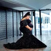2021 Navy Blue Sequined Lace Evening Dresses Wear Half Sleeves Mermaid Pregnant Maternity Plus Size Off Shoulder Sequins Party Gow6707839