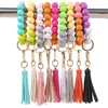 Silikonpärlor Armband Nyckelringar PU PU Läder Tassel Armband Key Ring för bilnycklar Skyddande anti Förlorade KeyRing Chain Accessoarer Rainbow Color Wristlet Bag Charms