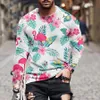 2021 special offer green linen flamingo leaf 3D DIGITAL printing capless round neck long-sleeved T-shirt for men and women