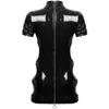 Femmes Sexy Robe Évider Retour Zipper Mini Robes Latex En Cuir Verni Robes Costumes Col Montant À Manches Courtes Club Robe Y1204