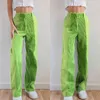 Patchwork raka kvinnor byxor lös hög midja hajuku y2k denim grön mode streetwear bomull corduroy 211115