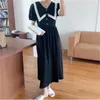 Été coréen élégant longue robe femmes à manches courtes col claudine robes plissées mode dames Vestidos Femme 210513