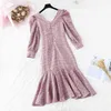 Spring Vintage Floral Chiffon Midi Dress Sexy V-neck Lotus Leaf Fish Tail Dresses Elegant Women Party Long Sleeve Dress 210521